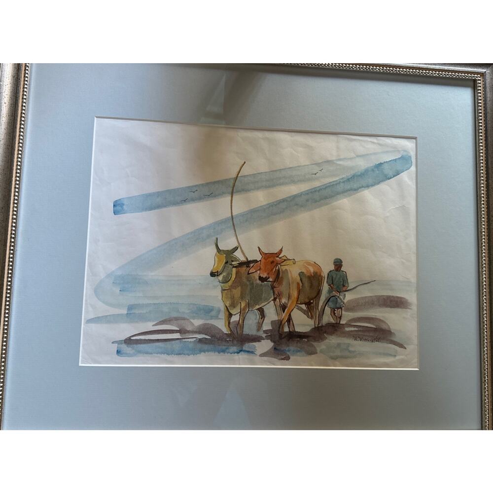 Original Watercolor Painting - Water Buffalo/Farmer- Signed‎